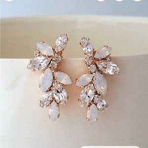 White Opal and Swarovski Crystal Bridal Earrings- Rose Gold